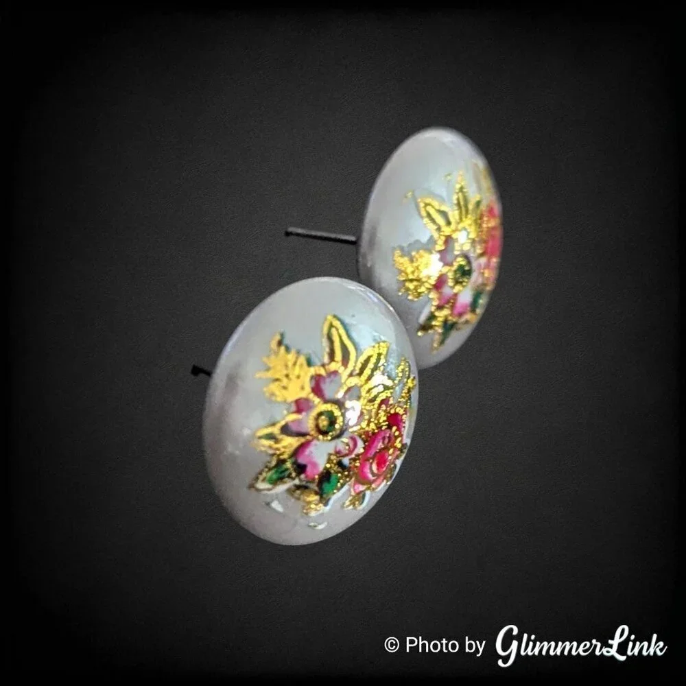 Vintage 70s Tensha Style Stud Earrings Pearled Gray Dome with Pink Gold Flowers